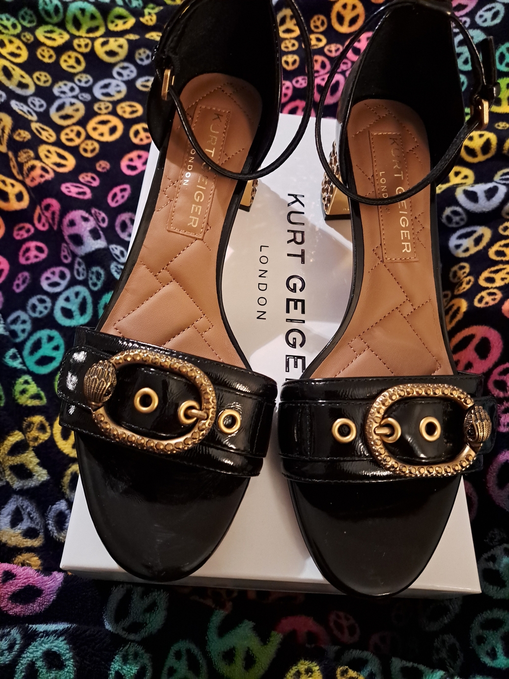 Kurt Geiger Black Patent Leather Ankle Strap Heels with Gold Buckle Detail